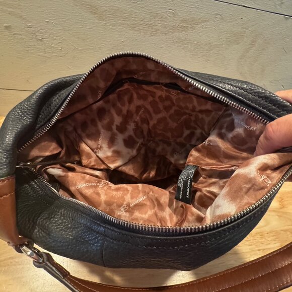 B. Makowsky Mahogany Brown & Black Pebble Leather Shoulder Bag Purse & Dust Bag - Picture 7 of 12